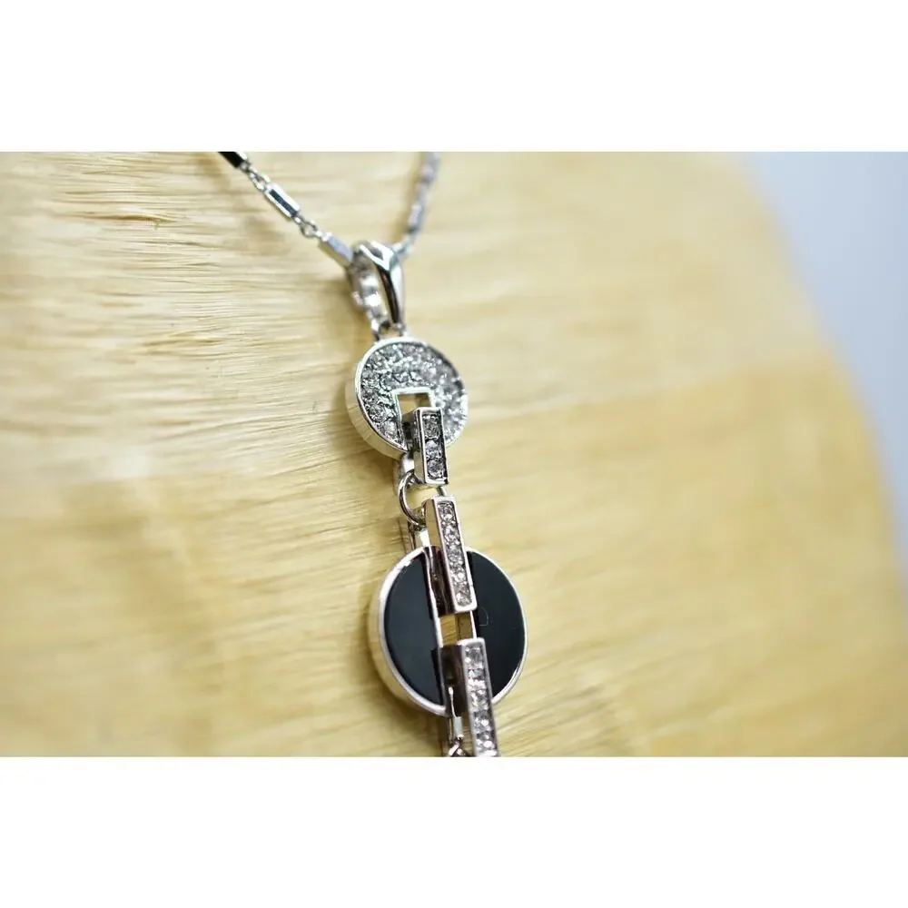 Vintage Y2K Pendant Crystal Necklace Rhinestone Black Enamel Silver Shiny Bin5